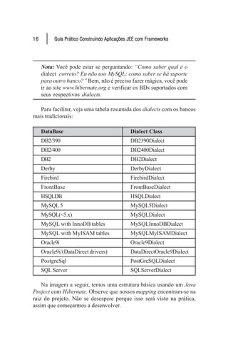16         Guia Prático Construindo Aplicações JEE com Frameworks




     Nota: Você pode estar se perguntando: “Como saber qual é o
     dialect correto? Eu não uso MySQL; como saber se há suporte
     para outro banco?” Bem, não é preciso fazer mágica, você pode
     ir ao site www.hibernate.org e verificar os BDs suportados com
     seus respectivos dialects.

   Para facilitar, veja uma tabela resumida dos dialects com os bancos
mais tradicionais:

     DataBase                                  Dialect Class
     DB2/390                                   DB2390Dialect
     DB2/400                                   DB2400Dialect
     DB2                                       DB2Dialect
     Derby                                     DerbyDialect
     Firebird                                  FirebirdDialect
     FrontBase                                 FrontBaseDialect
     HSQLDB                                    HSQLDialect
     MySQL 5                                   MySQL5Dialect
     MySQL(<5.x)                               MySQLDialect
     MySQL with InnoDB tables                  MySQLInnoDBDialect
     MySQL with MyISAM tables                  MySQLMyISAMDialect
     Oracle9i                                  Oracle9Dialect
     Oracle9i/(DataDirect drivers)             DataDirectOracle9Dialect
     PostgreSql                                PostGreSQLDialect
     SQL Server                                SQLServerDialect

    Na imagem a seguir, temos uma estrutura básica usando um Java
Project com Hibernate. Observe que nossos mapping encontram-se na
raiz do projeto. Não se desespere porque isso será visto na prática,
assim que começarmos a desenvolver.
 