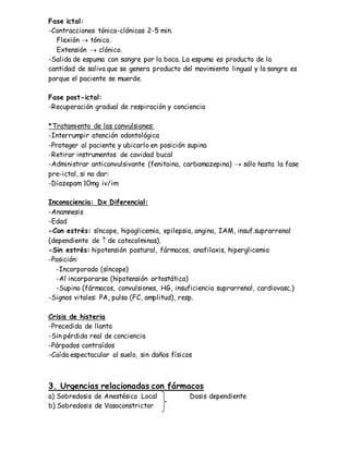 Fase ictal:
-Contracciones tónico-clónicas 2-5 min.
Flexión  tónico.
Extensión  clónico.
-Salida de espuma con sangre por la boca. La espuma es producto de la
cantidad de saliva que se genera producto del movimiento lingual y la sangre es
porque el paciente se muerde.
Fase post-ictal:
-Recuperación gradual de respiración y conciencia
*Tratamiento de las convulsiones:
-Interrumpir atención odontológica
-Proteger al paciente y ubicarlo en posición supina
-Retirar instrumentos de cavidad bucal
-Administrar anticonvulsivante (fenitoina, carbamazepina)  sólo hasta la fase
pre-ictal, si no dar:
-Diazepam 10mg iv/im
Inconsciencia: Dx Diferencial:
-Anamnesis
-Edad
-Con estrés: síncope, hipoglicemia, epilepsia, angina, IAM, insuf.suprarrenal
(dependiente de  de catecolminas).
-Sin estrés: hipotensión postural, fármacos, anafilaxis, hiperglicemia
-Posición:
-Incorporado (síncope)
-Al incorporarse (hipotensión ortostática)
-Supino (fármacos, convulsiones, HG, insuficiencia suprarrenal, cardiovasc.)
-Signos vitales: PA, pulso (FC, amplitud), resp.
Crisis de histeria
-Precedida de llanto
-Sin pérdida real de conciencia
-Párpados contraídos
-Caída espectacular al suelo, sin daños físicos
3. Urgencias relacionadas con fármacos
a) Sobredosis de Anestésico Local Dosis dependiente
b) Sobredosis de Vasoconstrictor
 