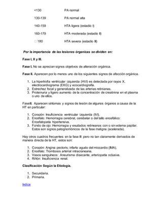 <130 PA normal
130-139 PA normal alta
140-159 HTA ligera (estadío I)
160-179 HTA moderada (estadío II)
HTA severa (estadío III)
Por la importancia de las lesiones órganicas se dividen en:
Fase I, II y III.
Fase I. No se aprecian signos objetivos de alteración orgánica.
Fase II. Aparecen por lo menos uno de los siguientes signos de afección orgánica.
1. La hipertrofia ventricular izquierda (HVI) es detectada por rayos X,
electrocardiograma (EKG) y ecocardiografía.
2. Estrechez focal y generalizada de las arterias retinianas.
3. Proteinuria y ligero aumento de la concentración de creatinina en el plasma
o uno de ellos.
FaseIII. Aparecen síntomas y signos de lesión de algunos órganos a causa de la
HT en particular:
1. Corazón: Insuficiencia ventricular izquierda (IVI).
2. Encéfalo: Hemorragia cerebral, cerebelar o del tallo encefálico:
Encefalopatía hipertensiva.
3. Fondo de ojo: Hemorragia y exudados retineanos con o sin edema papilar.
Estos son signos patognomónicos de la fase maligna (acelerada).
Hay otros cuadros frecuentes en la fase III pero no tan claramente derivados de
manera directa de la HT, estos son:
1. Corazón: Angina pectoris; infarto agudo del miocardio (IMA).
2. Encéfalo: Trombosis arterial intracraneana.
3. Vasos sanguíneos: Aneurisma disecante, arteriopatía oclusiva.
4. Riñón: Insuficiencia renal.
Clasificación Según la Etiología.
1. Secundaria.
2. Primaria.
Indice
 