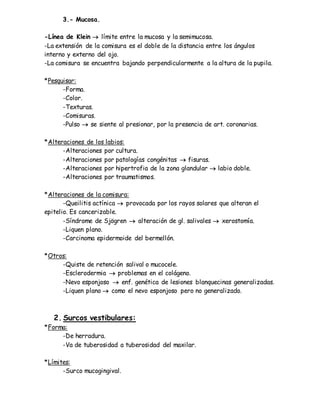 3.- Mucosa.
-Línea de Klein  límite entre la mucosa y la semimucosa.
-La extensión de la comisura es el doble de la distancia entre los ángulos
interno y externo del ojo.
-La comisura se encuentra bajando perpendicularmente a la altura de la pupila.
*Pesquisar:
-Forma.
-Color.
-Texturas.
-Comisuras.
-Pulso  se siente al presionar, por la presencia de art. coronarias.
*Alteraciones de los labios:
-Alteraciones por cultura.
-Alteraciones por patologías congénitas  fisuras.
-Alteraciones por hipertrofia de la zona glandular  labio doble.
-Alteraciones por traumatismos.
*Alteraciones de la comisura:
-Queilitis actínica  provocada por los rayos solares que alteran el
epitelio. Es cancerizable.
-Síndrome de Sjögren  alteración de gl. salivales  xerostomía.
-Liquen plano.
-Carcinoma epidermoide del bermellón.
*Otros:
-Quiste de retención salival o mucocele.
-Esclerodermia  problemas en el colágeno.
-Nevo esponjoso  enf. genética de lesiones blanquecinas generalizadas.
-Liquen plano  como el nevo esponjoso pero no generalizado.
2. Surcos vestibulares:
*Forma:
-De herradura.
-Va de tuberosidad a tuberosidad del maxilar.
*Límites:
-Surco mucogingival.
 