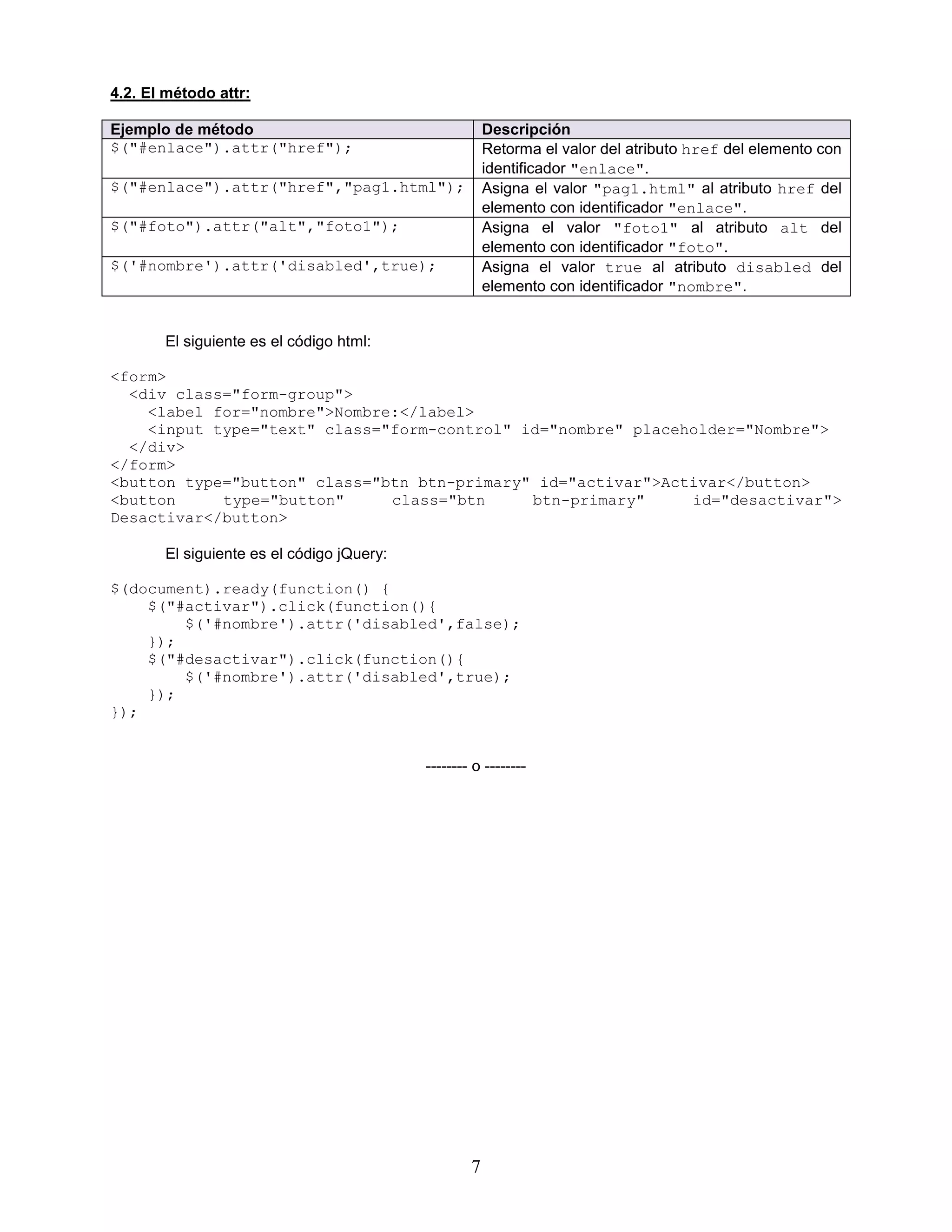 7
4.2. El método attr:
Ejemplo de método Descripción
$("#enlace").attr("href"); Retorma el valor del atributo href del elemento con
identificador "enlace".
$("#enlace").attr("href","pag1.html"); Asigna el valor "pag1.html" al atributo href del
elemento con identificador "enlace".
$("#foto").attr("alt","foto1"); Asigna el valor "foto1" al atributo alt del
elemento con identificador "foto".
$('#nombre').attr('disabled',true); Asigna el valor true al atributo disabled del
elemento con identificador "nombre".
El siguiente es el código html:
<form>
<div class="form-group">
<label for="nombre">Nombre:</label>
<input type="text" class="form-control" id="nombre" placeholder="Nombre">
</div>
</form>
<button type="button" class="btn btn-primary" id="activar">Activar</button>
<button type="button" class="btn btn-primary" id="desactivar">
Desactivar</button>
El siguiente es el código jQuery:
$(document).ready(function() {
$("#activar").click(function(){
$('#nombre').attr('disabled',false);
});
$("#desactivar").click(function(){
$('#nombre').attr('disabled',true);
});
});
-------- o --------
 