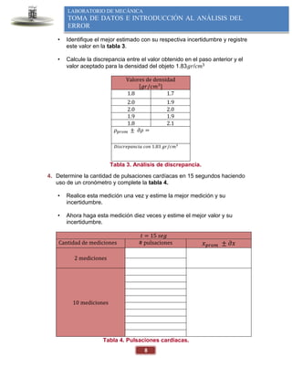 8
LABORATORIO DE MECÁNICA
TOMA DE DATOS E INTRODUCCIÓN AL ANÁLISIS DEL
ERROR
• Identifique el mejor estimado con su respectiva incertidumbre y registre
este valor en la tabla 3.
• Calcule la discrepancia entre el valor obtenido en el paso anterior y el
valor aceptado para la densidad del objeto 1.83𝑔𝑟/𝑐𝑚3
Valores de densidad
[𝑔𝑟/𝑐𝑚3
]
1.8 1.7
2.0 1.9
2.0 2.0
1.9 1.9
1.8 2.1
𝜌𝑝𝑟𝑜𝑚 ± 𝜕𝜌 =
𝐷𝑖𝑠𝑐𝑟𝑒𝑝𝑎𝑛𝑐𝑖𝑎 𝑐𝑜𝑛 1.83 𝑔𝑟/𝑐𝑚3
Tabla 3. Análisis de discrepancia.
4. Determine la cantidad de pulsaciones cardíacas en 15 segundos haciendo
uso de un cronómetro y complete la tabla 4.
• Realice esta medición una vez y estime la mejor medición y su
incertidumbre.
• Ahora haga esta medición diez veces y estime el mejor valor y su
incertidumbre.
𝑡 = 15 𝑠𝑒𝑔
Cantidad de mediciones # pulsaciones 𝑥𝑝𝑟𝑜𝑚 ± 𝜕𝑥
2 mediciones
10 mediciones
Tabla 4. Pulsaciones cardiacas.
 