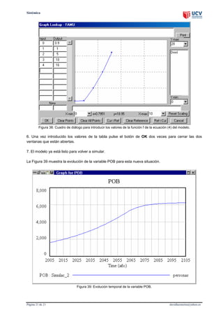 Sistémica

Figura 38: Cuadro de diálogo para introducir los valores de la función f de la ecuación (4) del modelo.

6. Una vez introducido los valores de la tabla pulse el botón de OK dos veces para cerrar las dos
ventanas que están abiertas.
7. El modelo ya está listo para volver a simular.
La Figura 39 muestra la evolución de la variable POB para esta nueva situación.

Figura 39: Evolución temporal de la variable POB.

Página 21 de 21

davidlazoneira@yahoo.es

 