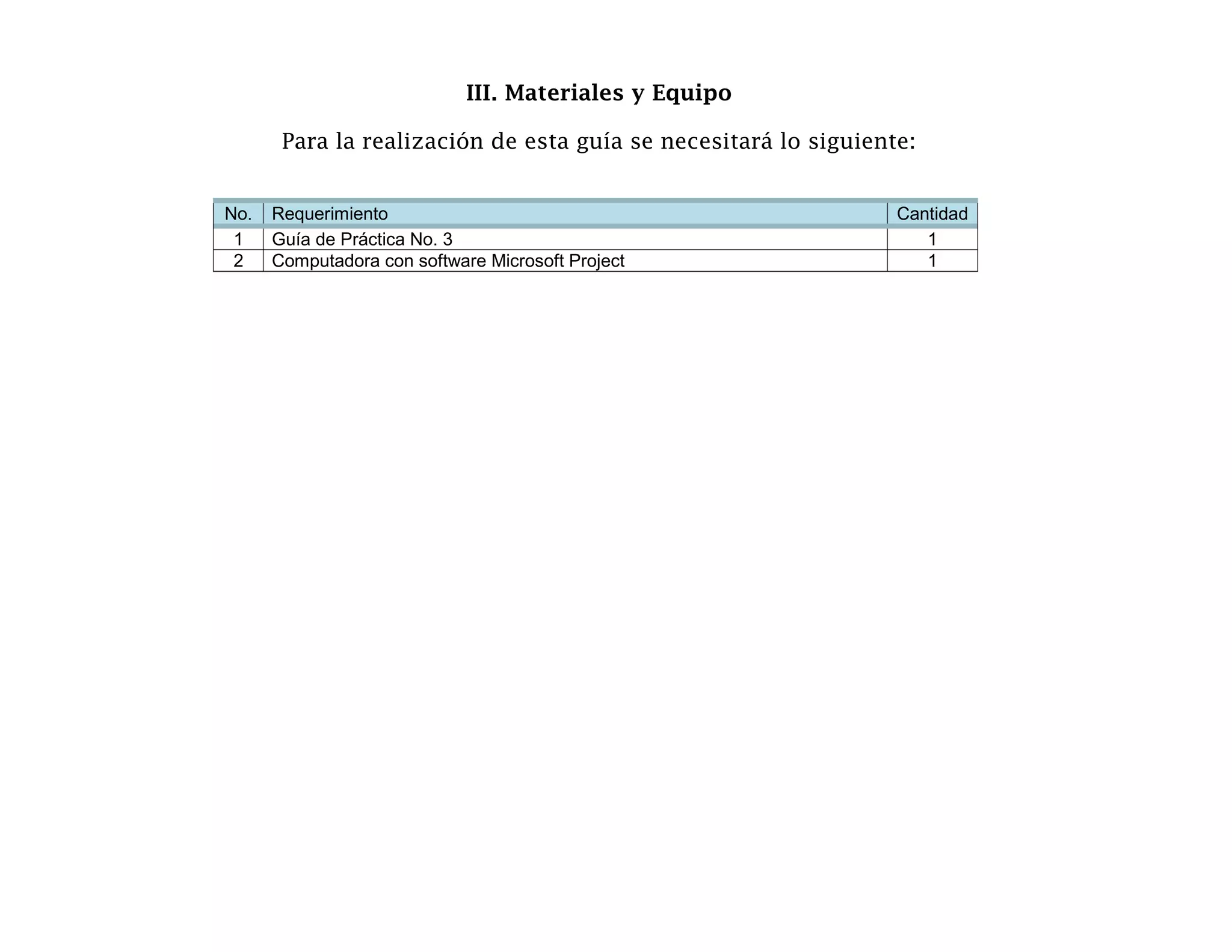 III. Materiales y Equipo

       Para la realización de esta guía se necesitará lo siguiente:


No.   Requerimiento                                              Cantidad
 1    Guía de Práctica No. 3                                        1
 2    Computadora con software Microsoft Project                    1
 