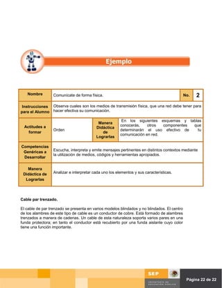 Nombre         Comunícate de forma física.                                                No.   2
 Instrucciones Observa cuales son los medios de transmisión física, que una red debe tener para
para el Alumno hacer efectiva su comunicación.

                                                         En los siguientes esquemas y tablas
                                           Manera
  Actitudes a                                           conocerás,    otros  componentes que
                                          Didáctica
                  Orden                                 determinarán el uso efectivo de   tu
    formar                                   de
                                                        comunicación en red.
                                          Lograrlas

Competencias
 Genéricas a      Escucha, interpreta y emite mensajes pertinentes en distintos contextos mediante
                  la utilización de medios, códigos y herramientas apropiados.
 Desarrollar

   Manera
 Didáctica de     Analizar e interpretar cada uno los elementos y sus características.
  Lograrlas



Cable par trenzado.

El cable de par trenzado se presenta en varios modelos blindados y no blindados. El centro
de los alambres de este tipo de cable es un conductor de cobre. Está formado de alambres
trenzados a manera de cadenas. Un cable de esta naturaleza soporta varios pares en una
funda protectora; en tanto el conductor está recubierto por una funda aislante cuyo color
tiene una función importante.




                                                                                   Página de Página 22 de 22
 