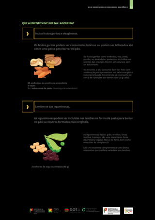 12
GUIA PARA LANCHES ESCOLARES SAUDÁVEIS
›
Inclua frutos gordos e oleaginosos.
Lembre-se das leguminosas.
Os frutos gordos podem ser consumidos inteiros ou podem ser triturados até
obter uma pasta para barrar no pão.
As leguminosas podem ser incluídas nos lanches na forma de pasta para barrar
no pão ou noutros formatos mais originais.
3 colheres de sopa cozinhadas (80 g)
20 amêndoas ou avelãs ou amendoins
5 nozes
1 c. sobremesa de pasta (manteiga de amendoim)
Os frutos gordos como amêndoa, noz, avelã,
pinhão, ou amendoim, podem ser incluídos nos
lanches das crianças. Devem ser naturais, sem
sal adicionado.
No entanto, o seu consumo deve ser feito com
moderação pois apresentam um valor energético
(calorias) elevado. Recomenda-se o consumo de
cerca de 4 porções por semana (de 20 g cada). 
As leguminosas (feijão, grão, ervilhas, favas,
lentilha, tremoço) são uma importante fonte
de proteína vegetal, fibra e de ferro, bem como
vitaminas do complexo B.
São um excelente complemento e uma ótima
alternativa que confere variedade aos lanches.
›
QUE ALIMENTOS INCLUIR NA LANCHEIRA?
 