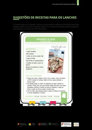 29
GUIA PARA LANCHES ESCOLARES SAUDÁVEIS
SUGESTÕES DE RECEITAS PARA OS LANCHES
Os lanches podem ser refeições criativas e as alternativas às habituais combinações para estas
refeições podem ser muitas. De seguida, sugerimos um conjunto de receitas simples, saudáveis e
saborosas que as crianças vão certamente gostar.
INGREDIENTES
1 maçã riscadinha
100g sultanas
1 colher de chá de canela (3g)
1 raspa de limão
50g farinha de aveia/amêndoa
1 unidade de raspa e sumo de
laranja
Mistura de sementes ou frutos
oleaginosos
BRIGADEIRO DE MAÇÃ
BRIGADEIRO DE MAÇÃ
Sem adição de açúcares
Sem adição de açúcares
MODO DE PREPARAÇÃO
1. Comece por assar a maçã no forno com a raspa e sumo de laranja
a 220ºC durante 15 minutos. Retire do forno, deixe arrefecer e
reduza a puré.
2. De seguida, pegue no molho do preparado da maçã e hidrate as
sultanas. Triture tudo com uma varinha mágica até obter uma massa
homogénea. Adicione a farinha de aveia ou amêndoa, a raspa de
limão, a colher de chá de canela e envolta tudo.
3. Com as mãos, faça pequenas bolas e passe na mistura de sementes
ou frutos oleaginosos à escolha.
POR BRIGADEIRO
POR BRIGADEIRO 42 kcal 0,9 g Prot 7 g HC 1,2 g Lip
 