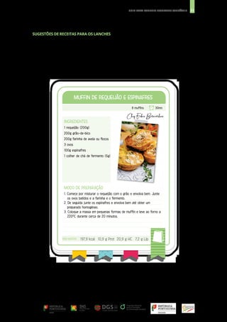 31
GUIA PARA LANCHES ESCOLARES SAUDÁVEIS
SUGESTÕES DE RECEITAS PARA OS LANCHES
INGREDIENTES
1 requeijão (200g)
200g grão-de-bico
200g farinha de aveia ou flocos
3 ovos
100g espinafres
1 colher de chá de fermento (5g)
MUFFIN DE REQUEIJÃO E ESPINAFRES
MUFFIN DE REQUEIJÃO E ESPINAFRES
MODO DE PREPARAÇÃO
1. Comece por misturar o requeijão com o grão e envolva bem. Junte
os ovos batidos e a farinha e o fermento.
2. De seguida junte os espinafres e envolva bem até obter um
preparado homogéneo.
3. Coloque a massa em pequenas formas de muffin e leve ao forno a
220ºC durante cerca de 20 minutos.
8 muffins 30mn
POR MUFFIN
POR MUFFIN 197,9 kcal 10,9 g Prot 20,9 g HC 7,2 g Lip
 