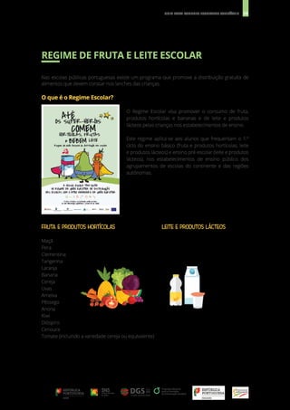 38
GUIA PARA LANCHES ESCOLARES SAUDÁVEIS
REGIME DE FRUTA E LEITE ESCOLAR
Nas escolas públicas portuguesas existe um programa que promove a distribuição gratuita de
alimentos que devem constar nos lanches das crianças.
O que é o Regime Escolar?
O Regime Escolar visa promover o consumo de fruta,
produtos hortícolas e bananas e de leite e produtos
lácteos pelas crianças nos estabelecimentos de ensino.
Este regime aplica-se aos alunos que frequentam o 1.º
ciclo do ensino básico (fruta e produtos hortícolas, leite
e produtos lácteos) e ensino pré-escolar (leite e produtos
lácteos), nos estabelecimentos de ensino público dos
agrupamentos de escolas do continente e das regiões
autónomas.
FRUTA E PRODUTOS HORTÍCOLAS
Maçã
Pera
Clementina
Tangerina
Laranja
Banana
Cereja
Uvas
Ameixa
Pêssego
Anona
Kiwi
Dióspiro
Cenoura
Tomate (incluindo a variedade cereja ou equivalente)
LEITE E PRODUTOS LÁCTEOS
 