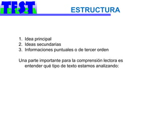 ESTRUCTURA


1. Idea principal
2. Ideas secundarias
3. Informaciones puntuales o de tercer orden

Una parte importante para la comprensión lectora es
  entender qué tipo de texto estamos analizando:
 