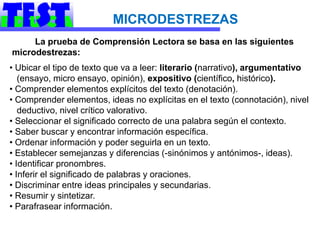 MICRODESTREZAS
     La prueba de Comprensión Lectora se basa en las siguientes
microdestrezas:
• Ubicar el tipo de texto que va a leer: literario (narrativo), argumentativo
   (ensayo, micro ensayo, opinión), expositivo (científico, histórico).
• Comprender elementos explícitos del texto (denotación).
• Comprender elementos, ideas no explícitas en el texto (connotación), nivel
   deductivo, nivel crítico valorativo.
• Seleccionar el significado correcto de una palabra según el contexto.
• Saber buscar y encontrar información específica.
• Ordenar información y poder seguirla en un texto.
• Establecer semejanzas y diferencias (-sinónimos y antónimos-, ideas).
• Identificar pronombres.
• Inferir el significado de palabras y oraciones.
• Discriminar entre ideas principales y secundarias.
• Resumir y sintetizar.
• Parafrasear información.
 