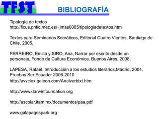 BIBLIOGRAFÍA
Tipología de textos
http://ficus.pntic.mec.es/~jmas0085/tipologiadetextos.htm

Textos para Seminarios Socráticos, Editorial Cuatro Vientos, Santiago de
Chile, 2005.

FERREIRO, Emilia y SIRO, Ana, Narrar por escrito desde un
personaje, Fondo de Cultura Económica, Buenos Aires, 2008.

LAPESA, Rafael, Introducción a los estudios literarios,Madrid, 2004.
Pruebas Ser Ecuador 2006-2010
http://avvciex.galeon.com/Analverbtxt.htm

http://www.darwinfoundation.org

http://escolar.itam.mx/documentos/paa.pdf

www.galapagospark.org
 