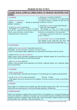 Después de leer el libro
CUANDO HAYAS LEÍDO EL LIBRO HARÁS UN TRABAJO SIGUIENDO ESTE
GUIÓN:
1.- La historia:
- ¿Qué tipo de narración es?
Realista / Fantástica / Mezcla de elementos
realistas y fantásticos.
- ¿A qué género narrativo pertenece?
Por ejemplo: de aventuras ,de humor, de miedo,
del oeste, de piratas,de ciencia-ficción, histórica,
fábula, cuento tradicional, cuento de hadas...
(puede pertenecer a más de uno)
- ¿En qué época transcurre la historia?
Por ejemplo: en la prehistoria, en la Edad Media,
en la época romana ,a mediados del siglo XX, en la
actualidad,en el futuro.
- ¿En qué lugar o lugares se desarrolla la historia?
Lugar real / lugar imaginario.
Por ejemplo: en el mar, en el campo, en una
ciudad, en el desierto,en laselva, en un hospital,en
un puerto, en un pueblecito, en las montañas...
O en lugares concretos: Sevilla, París, Argentina,
Japón, el Sahara...
- ¿Cuánto tiempo transcurre en esta narración?
Por ejemplo: un día, cuatro días, dos meses, una
año, seis años,toda la vida de un personaje. etc
2.- Los personajes.
-¿Quién es el personaje principal? (puede haber más de uno)
Por ejemplo : un niño, una madre,un policía, una bruja,un indio...
¿Cómo es ese personaje? Explica ampliamente sus características, tanto físicas como de carácter.
- ¿Quiénes son los personajes secundarios?
Explica quienes son los personajes secundarios de la historia, detallando algunos de sus rasos físicos y de
carácter,y que relación tienen con el personaje principal.
- ¿Qué otros personajes aparecen?
Nombra a otros personajes menos importantes de la historia, explicando quiénes son o explicando alguna
de sus características.
3.- El narrador:
- ¿Quién cuenta la historia?
Un personaje del libro (especifica que personaje es) / Un narrador que no es ningún personaje del libro.
- ¿En qué tiempo verbal se expresa elnarrador? Presente / Pasado.
Copia algunas frases de la narración (no de los diálogos) en las qué se muestre el tiempo en que habla el
narrador.
4.- Resumen:
Pasa a limpio los resumenes de los capítulos que fuiste haciendo mientras leías el libro. De esta forma
habrás hecho un resumen general. Si crees que falta algo importante, añádelo ahora.
5.- Opinión personal:
Expresa en varias líneas tu opinión sobre lo que has leído: si te ha gustado o no, y por qué; personajes que
te han caído simpáticos o antipáticos; situaciones que te han parecido graciosas, divertidas, interesantes,
aburridas, curiosas,etc; capítulos o partes del libro más o menos interesantes; compara la historia con otras
que hayas leído, visto en películas, vivido personalmente, etc.
Realizado por Vicente García (Enero 2008)
 