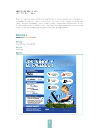 L E E R P A R A S A B E R M Á S
L E C T U R A C R Í T I C A 2
6
El primer ejemplo es un texto continuo literario en el que se narra la historia de un
personaje. El segundo ejemplo es un texto discontinuo informativo en el que por
medio de datos, imágenes y texto, se expone una problemática de la realidad actual.
El tercer ejemplo es un texto continuo argumentativo que presenta un punto de vista
sobre un tema sustentándolo mediante una serie de argumentos.
Ejemplo 1.
TITULO
Los niños y el Facebook
AUTOR
Notimex
TEXTO
 