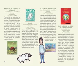 4
FIBONACCI, EL SOÑADOR DE
NÚMEROS
Joseph D’Agnese | John O’Brien
Juventud
Desde 9 años
978-84-261-3848-4
Fibonacci fue un matemático ita-
liano del siglo XII, conocido porque
introdujo en Europa el sistema de
numeración indo-arábigo frente a
la numeración romana y por in-
ventar la sucesión de Fibonacci. En
este álbum ilustrado, se narra algo
de su vida, y aunque todo no sea
verdad, lo importante es que los
lectores pueden darse cuenta de
lo importante que es en la investi-
gación observar, insistir y estudiar
para llegar a realizar nuevas apor-
taciones capaces de transformar
nuestra civilización.
FREUD
Corinne Maier | Anne Simon
Norma
Desde 14 años
978-84-679-1051-3
Estamos ante la biografía del crea-
dor del psicoanálisis. Destaca por
una gran sencillez en la descrip-
ción de las teorías del protagonis-
ta y también por la ironía y humor
que le permite relatar detalles de
la vida de Freud de forma amena,
a la vez que reveladora, de su per-
sonalidad. Está dividido en varias
partes, junto a la bibliografía se in-
corporar diversos casos de estudio
que sustentan sus teorías.
EL GRAN VIAJE DE DARWIN
Mick Manning | Brita Granström
Juventud
Desde 9 años
978-84-261-3989-4
Este gran viaje ilustrado se plantea
como una aventura a bordo de un
barco El Beagle al que Darwin es
invitado a navegar. Desde aquí los
lectores más jóvenes podrán com-
probar cómo Darwin va tomando
nota de sus observaciones para
después sacar sus conclusiones y
cómo una mirada atenta, observa-
dora, dispuesta a sorprenderse por
todo lo que la naturaleza ofrece
es una de las claves de la investi-
gación cientíﬁca. Las ilustraciones
y un formato próximo al cómic
hacen que este libro sea
muy adecuado para los
pequeños lectores.
JANE GOODALL. LA AMIGA
DE LOS CHIMPANCÉS
Carmen Ruiz Pérez
El rompecabezas
Desde 9 años
978-84-96751873
Tenemos pocas biografías de mu-
jeres cientíﬁcas que sirvan de mo-
delo a las niñas para que se identi-
ﬁquen con una vocación orientada
a la ciencia y a la investigación.
Aquí se narra de forma novelada
la biografía de esta naturalista
experta en analizar el comporta-
miento de los chimpancés. El libro
insiste en su determinación por se-
guir su camino y en su capacidad
para la observación. Consiguió
su titulación mucho después de
haber trabajado sobre el terreno
y rompe con una tradición: a los
chimpancés se les numeraba para
observarlos y ella les pone nom-
bres propios.
 