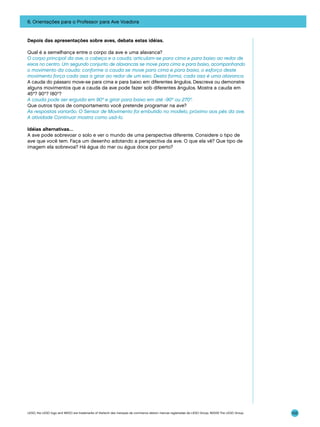 6. Orientações para o Professor para Ave Voadora

Depois das apresentações sobre aves, debata estas idéias.
Qual é a semelhança entre o corpo da ave e uma alavanca?
O corpo principal da ave, a cabeça e a cauda, articulam-se para cima e para baixo ao redor de
eixos no centro. Um segundo conjunto de alavancas se move para cima e para baixo, acompanhando
o movimento da cauda: conforme a cauda se move para cima e para baixo, o esforço deste
movimento força cada asa a girar ao redor de um eixo. Desta forma, cada asa é uma alavanca.
A cauda do pássaro move-se para cima e para baixo em diferentes ângulos. Descreva ou demonstre
alguns movimentos que a cauda da ave pode fazer sob diferentes ângulos. Mostra a cauda em
45º? 90°? 180°?
A cauda pode ser erguida em 90º e girar para baixo em até -90º ou 270º.
Que outros tipos de comportamento você pretende programar na ave?
As respostas variarão. O Sensor de Movimento foi embutido no modelo, próximo aos pés da ave.
A atividade Continuar mostra como usá-lo.
Idéias alternativas…
A ave pode sobrevoar o solo e ver o mundo de uma perspectiva diferente. Considere o tipo de
ave que você tem. Faça um desenho adotando a perspectiva da ave. O que ela vê? Que tipo de
imagem ela sobrevoa? Há água do mar ou água doce por perto?

LEGO, the LEGO logo and WEDO are trademarks of the/sont des marques de commerce de/son marcas registradas de LEGO Group. ©2009 The LEGO Group.

102

 