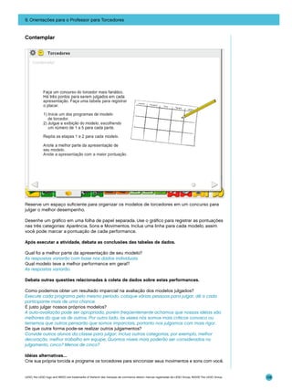 9. Orientações para o Professor para Torcedores

Contemplar

Reserve um espaço suficiente para organizar os modelos de torcedores em um concurso para
julgar o melhor desempenho.
Desenhe um gráfico em uma folha de papel separada. Use o gráfico para registrar as pontuações
nas três categorias: Aparência, Sons e Movimentos. Inclua uma linha para cada modelo, assim
você pode marcar a pontuação de cada performance.
Após executar a atividade, debata as conclusões das tabelas de dados.
Qual foi a melhor parte da apresentação de seu modelo?
As respostas variarão com base nos dados individuais.
Qual modelo teve a melhor performance em geral?
As respostas variarão.
Debata outras questões relacionadas à coleta de dados sobre estas performances.
Como podemos obter um resultado imparcial na avaliação dos modelos julgados?
Execute cada programa pelo mesmo período, coloque várias pessoas para julgar, dê a cada
participante mais de uma chance.
É justo julgar nossos próprios modelos?
A auto-avaliação pode ser apropriada, porém freqüentemente achamos que nossas idéias são
melhores do que as de outros. Por outro lado, às vezes nós somos mais críticos conosco ou
tememos que outros pensarão que somos imparciais, portanto nos julgamos com mais rigor.
De que outra forma pode-se realizar outros julgamentos?
Convide outros alunos da classe para julgar; Inclua outras categorias, por exemplo, melhor
decoração, melhor trabalho em equipe; Quantos níveis mais poderão ser considerados no
julgamento, cinco? Menos de cinco?
Idéias alternativas…
Crie sua própria torcida e programe os torcedores para sincronizar seus movimentos e sons com você.

LEGO, the LEGO logo and WEDO are trademarks of the/sont des marques de commerce de/son marcas registradas de LEGO Group. ©2009 The LEGO Group.

128

 