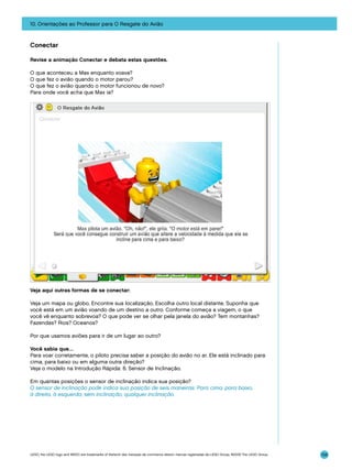10. Orientações ao Professor para O Resgate do Avião

Conectar
Revise a animação Conectar e debata estas questões.
O que aconteceu a Max enquanto voava?
O que fez o avião quando o motor parou?
O que fez o avião quando o motor funcionou de novo?
Para onde você acha que Max ia?

Veja aqui outras formas de se conectar:
Veja um mapa ou globo. Encontre sua localização. Escolha outro local distante. Suponha que
você está em um avião voando de um destino a outro. Conforme começa a viagem, o que
você vê enquanto sobrevoa? O que pode ver se olhar pela janela do avião? Tem montanhas?
Fazendas? Rios? Oceanos?
Por que usamos aviões para ir de um lugar ao outro?
Você sabia que…
Para voar corretamente, o piloto precisa saber a posição do avião no ar. Ele está inclinado para
cima, para baixo ou em alguma outra direção?
Veja o modelo na Introdução Rápida: 6. Sensor de Inclinação.
Em quantas posições o sensor de inclinação indica sua posição?
O sensor de inclinação pode indica sua posição de seis maneiras: Para cima, para baixo,
à direita, à esquerda, sem inclinação, qualquer inclinação.

LEGO, the LEGO logo and WEDO are trademarks of the/sont des marques de commerce de/son marcas registradas de LEGO Group. ©2009 The LEGO Group.

134

 