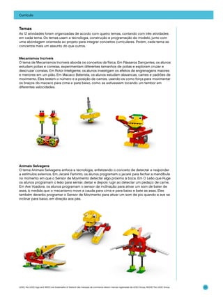 Currículo

Temas
As 12 atividades foram organizadas de acordo com quatro temas, contando com três atividades
em cada tema. Os temas usam a tecnologia, construção e programação do modelo, junto com
uma abordagem orientada ao projeto para integrar conceitos curriculares. Porém, cada tema se
concentra mais um assunto do que outros.
Mecanismos Incríveis
O tema de Mecanismos Incríveis aborda os conceitos da física. Em Pássaros Dançantes, os alunos
estudam polias e correias, experimentam diferentes tamanhos de polias e exploram cruzar e
descruzar correias. Em Rotor Inteligente, os alunos investigam os efeitos de engrenagens maiores
e menores em um pião. Em Macaco Baterista, os alunos estudam alavancas, cames e padrões de
movimento. Eles testam o número e a posição de cames, usando-os como força para movimentar
os braços do macaco para cima e para baixo, como se estivessem tocando um tambor em
diferentes velocidades.

Animais Selvagens
O tema Animais Selvagens enfoca a tecnologia, enfatizando o conceito de detectar e responder
a estímulos externos. Em Jacaré Faminto, os alunos programam o jacaré para fechar a mandíbula
no momento em que o Sensor de Movimento detectar algo próximo à boca. Em O Leão que Ruge
os alunos programam o leão para sentar, deitar e depois rugir ao detectar um pedaço de carne.
Em Ave Voadora, os alunos programam o sensor de inclinação para ativar um som de bater de
asas, à medida que o mecanismo move a cauda para cima e para baixo e bate as asas. Eles
também deverão programar o Sensor de Movimento para ativar um som de pio quando a ave se
inclinar para baixo, em direção aos pés.

LEGO, the LEGO logo and WEDO are trademarks of the/sont des marques de commerce de/son marcas registradas de LEGO Group. ©2009 The LEGO Group.

13

 