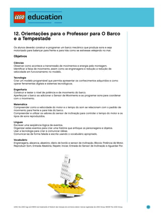 12. Orientações para o Professor para O Barco
e a Tempestade
Os alunos deverão construir e programar um barco mecânico que produza sons e seja
motorizado para balançar para frente e para trás como se estivesse velejando no mar.

Objetivos
Ciências
Observar como acontece a transmissão de movimentos e energia pela montagem.
Identificar a faixa de movimento, assim como as engrenagens e redução a redução de
velocidade em funcionamento no modelo.
Tecnologia
Criar um modelo programável que permita apresentar os conhecimentos adquiridos e como
operar ferramentas digitais e sistemas tecnológicos.
Engenharia
Construir e testar o nível de potência e de movimento do barco.
Aperfeiçoar o barco ao adicionar o Sensor de Movimento e ao programar sons para coordenar
com o movimento.
Matemática
Compreender como a velocidade do motor e o tempo do som se relacionam com o padrão de
movimento para frente e para trás do barco.
Compreender e utilizar os valores do sensor de inclinação para controlar o tempo do motor e os
tipos de sons reproduzidos.
Línguas
Escrever uma seqüência lógica de eventos.
Organizar estes eventos para criar uma história que enfoque os personagens e objetos.
Usar a tecnologia para criar e comunicar idéias.
Comunicar-se de forma falada e escrita usando o vocabulário apropriado.
Vocabulário
Engrenagens, alavanca, aleatório, diário de bordo e sensor de inclinação. Blocos: Potência de Motor,
Reproduzir Som, Entrada Aleatória, Repetir, Iniciar, Entrada do Sensor de Inclinação e Aguardar Por.

LEGO, the LEGO logo and WEDO are trademarks of the/sont des marques de commerce de/son marcas registradas de LEGO Group. ©2009 The LEGO Group.

151

 