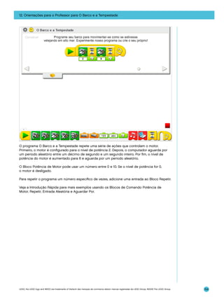 12. Orientações para o Professor para O Barco e a Tempestade

O programa O Barco e a Tempestade repete uma série de ações que controlam o motor.
Primeiro, o motor é configurado para o nível de potência 2. Depois, o computador aguarda por
um período aleatório entre um décimo de segundo e um segundo inteiro. Por fim, o nível de
potência do motor é aumentado para 6 e aguarda por um período aleatório.
O Bloco Potência de Motor pode usar um número entre 0 e 10. Se o nível de potência for 0,
o motor é desligado.
Para repetir o programa um número específico de vezes, adicione uma entrada ao Bloco Repetir.
Veja a Introdução Rápida para mais exemplos usando os Blocos de Comando Potência de
Motor, Repetir, Entrada Aleatória e Aguardar Por.

LEGO, the LEGO logo and WEDO are trademarks of the/sont des marques de commerce de/son marcas registradas de LEGO Group. ©2009 The LEGO Group.

154

 