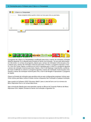 12. Orientações para o Professor para O Barco e a Tempestade

O programa de O Barco e a Tempestade é modificado para incluir o sensor de inclinação. A Entrada
Aleatória Aguardar Por é alterada para Entrada do Sensor de Inclinação. Os sons são adicionados
em três locais: no começo do programa, depois que o sensor de inclinação inclina-se para cima
e depois que o sensor de inclinação inclina-se para baixo. Primeiro, o programa reproduz o Som
10, o som de Trovão. Depois, a potência do motor é ajustada para o nível 2 e o programa aguarda
o sensor de inclinação mover-se para baixo. Depois, o Som 9 de Respingo é reproduzido, a potência
de motor é definida no nível 6 e o programa aguarda o sensor de inclinação mover-se para cima.
Quando o sensor de inclinação move-se para cima, o Som 8 de Rangido é reproduzido. O programa
se repete.
Clique na Entrada de Inclinação para escolher entre as seis configurações possíveis: Inclinar para
Cima, Inclinar para Baixo, Inclinar à Direita, Inclinar à Esquerda, Sem Inclinação e Qualquer Inclinação.
Veja a seção do Software LEGO® Education WeDo™ para a Lista de Sons com os números do
Bloco Reproduzir Som e os nomes descritivos.
Veja a Introdução Rápida para mais exemplos usando os Blocos de Comando Potência de Motor,
Reproduzir Som, Repetir, Entrada do Sensor de Inclinação e Aguardar Por.

LEGO, the LEGO logo and WEDO are trademarks of the/sont des marques de commerce de/son marcas registradas de LEGO Group. ©2009 The LEGO Group.

158

 