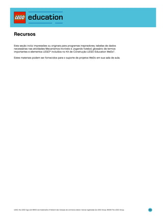 Recursos
Esta seção inclui impressões ou originais para programas inspiradores, tabelas de dados
necessárias nas atividades Mecanismos Incríveis e Jogando futebol, glossário de termos
importantes e elementos LEGO® incluídos no Kit de Construção LEGO Education WeDo™.
Estes materiais podem ser fornecidos para o suporte de projetos WeDo em sua sala de aula.

LEGO, the LEGO logo and WEDO are trademarks of the/sont des marques de commerce de/son marcas registradas de LEGO Group. ©2009 The LEGO Group.

160

 