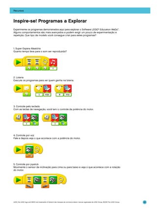 Recursos

Inspire-se! Programas a Explorar
Experimente os programas demonstrados aqui para explorar o Software LEGO® Education WeDo™.
Alguns comportamentos são mais avançados e podem exigir um pouco de experimentação e
repetição. Que tipo de modelo você consegue criar para estes programas?

1. Super Espera Aleatória
Quanto tempo leva para o som ser reproduzido?

2. Loteria
Execute os programas para ver quem ganha na loteria.

3. Controle pelo teclado
Com as teclas de navegação, você tem o controle da potência do motor.

4. Controle por voz
Fale e depois veja o que acontece com a potência do motor.

5. Controle por joystick
Movimente o sensor de inclinação para cima ou para baixo e veja o que acontece com a rotação
do motor.

LEGO, the LEGO logo and WEDO are trademarks of the/sont des marques de commerce de/son marcas registradas de LEGO Group. ©2009 The LEGO Group.

161

 