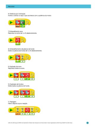 Recursos

6. Potência por inclinação
Incline o sensor e veja o que acontece com a potência do motor.

7. Embaralhando sons
Reproduz os sons de 1 a 10 aleatoriamente.

8. Embaralhamento de planos de fundo
Exibe os planos de fundo de 1 a 10 aleatoriamente.

9. Explosão de sons
Reproduz todos os sons.

10. Explosão de fundos
Exibe todos os planos de fundo.

11. Papagaio
Fale e depois ouça a reação.

LEGO, the LEGO logo and WEDO are trademarks of the/sont des marques de commerce de/son marcas registradas de LEGO Group. ©2009 The LEGO Group.

162

 