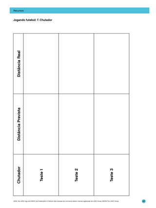 Recursos

Teste 3

Teste 2

Teste 1

Chutador

Distância Prevista

Distância Real

Jogando futebol: 7. Chutador

LEGO, the LEGO logo and WEDO are trademarks of the/sont des marques de commerce de/son marcas registradas de LEGO Group. ©2009 The LEGO Group.

167

 