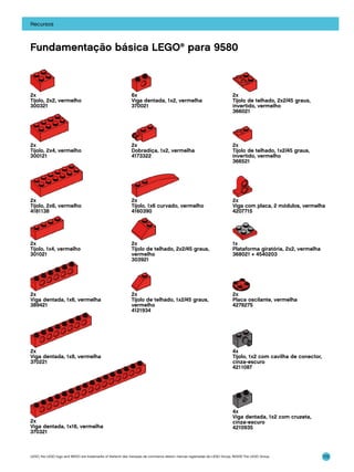 Recursos

Fundamentação básica LEGO® para 9580

2x
Tijolo, 2x2, vermelho
300321

6x
Viga dentada, 1x2, vermelha
370021

2x
Tijolo de telhado, 2x2/45 graus,
invertido, vermelho
366021

2x
Tijolo, 2x4, vermelho
300121

2x
Dobradiça, 1x2, vermelha
4173322

2x
Tijolo de telhado, 1x2/45 graus,
invertido, vermelho
366521

2x
Tijolo, 2x6, vermelho
4181138

2x
Tijolo, 1x6 curvado, vermelho
4160390

2x
Viga com placa, 2 módulos, vermelha
4207715

2x
Tijolo, 1x4, vermelho
301021

2x
Tijolo de telhado, 2x2/45 graus,
vermelho
303921

1x
Plataforma giratória, 2x2, vermelha
368021 + 4540203

2x
Viga dentada, 1x6, vermelha
389421

2x
Tijolo de telhado, 1x2/45 graus,
vermelho
4121934

2x
Placa oscilante, vermelha
4278275

2x
Viga dentada, 1x8, vermelha
370221

2x
Viga dentada, 1x16, vermelha
370321

4x
Tijolo, 1x2 com cavilha de conector,
cinza-escuro
4211087

4x
Viga dentada, 1x2 com cruzeta,
cinza-escuro
4210935

LEGO, the LEGO logo and WEDO are trademarks of the/sont des marques de commerce de/son marcas registradas de LEGO Group. ©2009 The LEGO Group.

172

 