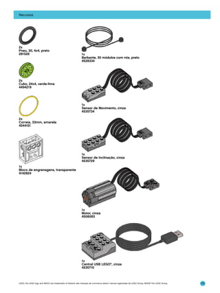 Recursos

2x
Pneu, 30, 4x4, preto
281526

1x
Barbante, 30 módulos com nós, preto
4528334

2x
Cubo, 24x4, verde-lima
4494219

1x
Sensor de Movimento, cinza
4535734
2x
Correia, 33mm, amarela
4544151

1x
Sensor de Inclinação, cinza
4535729
1x
Bloco de engrenagens, transparente
4142824

1x
Motor, cinza
4506083

1x
Central USB LEGO®, cinza
4535710

LEGO, the LEGO logo and WEDO are trademarks of the/sont des marques de commerce de/son marcas registradas de LEGO Group. ©2009 The LEGO Group.

175

 