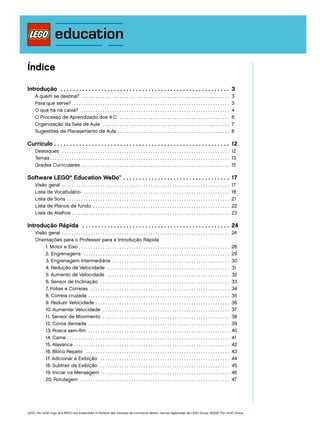 Índice
Introdução  . .  .  .  .  .  .  .  .  .  .  .  .  .  .  .  .  .  .  .  .  .  .  .  .  .  .  .  .  .  .  .  .  .  .  .  .  .  .  .  .  .  .  .  .  .  .  .  .  .  .  .  .  . 	3
	
	
	
	
	
	

A quem se destina?  . . . . . . . . . . . . . . . . . . . . . . . . . . . . . . . . . . . . . . . . . . . . . . . . . . . . . . . . . . . . . .
Para que serve?  . . . . . . . . . . . . . . . . . . . . . . . . . . . . . . . . . . . . . . . . . . . . . . . . . . . . . . . . . . . . . . . . . .
O que há na caixa?  . . . . . . . . . . . . . . . . . . . . . . . . . . . . . . . . . . . . . . . . . . . . . . . . . . . . . . . . . . . . . . .
O Processo de Aprendizado dos 4 C  . . . . . . . . . . . . . . . . . . . . . . . . . . . . . . . . . . . . . . . . . . . . . . .
Organização da Sala de Aula  . . . . . . . . . . . . . . . . . . . . . . . . . . . . . . . . . . . . . . . . . . . . . . . . . . . . . .
Sugestões de Planejamento de Aula  . . . . . . . . . . . . . . . . . . . . . . . . . . . . . . . . . . . . . . . . . . . . . . .

	3
	3
	4
	6
	7
	8

Currículo  .  .  .  .  .  .  .  .  .  .  .  .  .  .  .  .  .  .  .  .  .  .  .  .  .  .  .  .  .  .  .  .  .  .  .  .  .  .  .  .  .  .  .  .  .  .  .  .  .  .  .  .  .  .  . 	12
	
	
	

Destaques  . . . . . . . . . . . . . . . . . . . . . . . . . . . . . . . . . . . . . . . . . . . . . . . . . . . . . . . . . . . . . . . . . . . . . . . 	12
Temas  . . . . . . . . . . . . . . . . . . . . . . . . . . . . . . . . . . . . . . . . . . . . . . . . . . . . . . . . . . . . . . . . . . . . . . . . . . . 	13
Grades Curriculares  . . . . . . . . . . . . . . . . . . . . . . . . . . . . . . . . . . . . . . . . . . . . . . . . . . . . . . . . . . . . . . 	15

Software LEGO® Education WeDo™  .  .  .  .  .  .  .  .  .  .  .  .  .  .  .  .  .  .  .  .  .  .  .  .  .  .  .  .  .  .  .  .  . 	17
	
	
	
	
	

Visão geral  . . . . . . . . . . . . . . . . . . . . . . . . . . . . . . . . . . . . . . . . . . . . . . . . . . . . . . . . . . . . . . . . . . . . . .
Lista de Vocabulário  . . . . . . . . . . . . . . . . . . . . . . . . . . . . . . . . . . . . . . . . . . . . . . . . . . . . . . . . . . . . . .
Lista de Sons  . . . . . . . . . . . . . . . . . . . . . . . . . . . . . . . . . . . . . . . . . . . . . . . . . . . . . . . . . . . . . . . . . . . .
Lista de Planos de fundo  . . . . . . . . . . . . . . . . . . . . . . . . . . . . . . . . . . . . . . . . . . . . . . . . . . . . . . . . .
Lista de Atalhos  . . . . . . . . . . . . . . . . . . . . . . . . . . . . . . . . . . . . . . . . . . . . . . . . . . . . . . . . . . . . . . . . . .

	17
	18
	21
	22
	23

Introdução Rápida  . .  .  .  .  .  .  .  .  .  .  .  .  .  .  .  .  .  .  .  .  .  .  .  .  .  .  .  .  .  .  .  .  .  .  .  .  .  .  .  .  .  .  .  .  .  . 	24
	 Visão geral  . . . . . . . . . . . . . . . . . . . . . . . . . . . . . . . . . . . . . . . . . . . . . . . . . . . . . . . . . . . . . . . . . . . . . .
	 Orientações para o Professor para a Introdução Rápida
		
1. Motor e Eixo  . . . . . . . . . . . . . . . . . . . . . . . . . . . . . . . . . . . . . . . . . . . . . . . . . . . . . . . . . . . . . . .
		
2. Engrenagens  . . . . . . . . . . . . . . . . . . . . . . . . . . . . . . . . . . . . . . . . . . . . . . . . . . . . . . . . . . . . . .
		
3. Engrenagem Intermediária  . . . . . . . . . . . . . . . . . . . . . . . . . . . . . . . . . . . . . . . . . . . . . . . . .
		
4. Redução de Velocidade  . . . . . . . . . . . . . . . . . . . . . . . . . . . . . . . . . . . . . . . . . . . . . . . . . . . .
		
5. Aumento de Velocidade  . . . . . . . . . . . . . . . . . . . . . . . . . . . . . . . . . . . . . . . . . . . . . . . . . . . .
		
6. Sensor de Inclinação  . . . . . . . . . . . . . . . . . . . . . . . . . . . . . . . . . . . . . . . . . . . . . . . . . . . . . . .
		
7. Polias e Correias  . . . . . . . . . . . . . . . . . . . . . . . . . . . . . . . . . . . . . . . . . . . . . . . . . . . . . . . . . . .
		
8. Correia cruzada  . . . . . . . . . . . . . . . . . . . . . . . . . . . . . . . . . . . . . . . . . . . . . . . . . . . . . . . . . . .
		
9. Reduzir Velocidade  . . . . . . . . . . . . . . . . . . . . . . . . . . . . . . . . . . . . . . . . . . . . . . . . . . . . . . . .
		
10. Aumentar Velocidade  . . . . . . . . . . . . . . . . . . . . . . . . . . . . . . . . . . . . . . . . . . . . . . . . . . . . .
		
11. Sensor de Movimento  . . . . . . . . . . . . . . . . . . . . . . . . . . . . . . . . . . . . . . . . . . . . . . . . . . . . .
		
12. Coroa dentada  . . . . . . . . . . . . . . . . . . . . . . . . . . . . . . . . . . . . . . . . . . . . . . . . . . . . . . . . . . .
		
13. Rosca sem-fim  . . . . . . . . . . . . . . . . . . . . . . . . . . . . . . . . . . . . . . . . . . . . . . . . . . . . . . . . . . . .
		
14. Came  . . . . . . . . . . . . . . . . . . . . . . . . . . . . . . . . . . . . . . . . . . . . . . . . . . . . . . . . . . . . . . . . . . . .
		
15. Alavanca  . . . . . . . . . . . . . . . . . . . . . . . . . . . . . . . . . . . . . . . . . . . . . . . . . . . . . . . . . . . . . . . . .
		
16. Bloco Repetir  . . . . . . . . . . . . . . . . . . . . . . . . . . . . . . . . . . . . . . . . . . . . . . . . . . . . . . . . . . . . .
		
17. Adicionar à Exibição  . . . . . . . . . . . . . . . . . . . . . . . . . . . . . . . . . . . . . . . . . . . . . . . . . . . . . . .
		
18. Subtrair da Exibição  . . . . . . . . . . . . . . . . . . . . . . . . . . . . . . . . . . . . . . . . . . . . . . . . . . . . . . .
		
19. Iniciar na Mensagem  . . . . . . . . . . . . . . . . . . . . . . . . . . . . . . . . . . . . . . . . . . . . . . . . . . . . . .
		
20. Rotulagem  . . . . . . . . . . . . . . . . . . . . . . . . . . . . . . . . . . . . . . . . . . . . . . . . . . . . . . . . . . . . . . .

	24
	28
	29
	30
	31
	32
	33
	34
	35
	36
	37
	38
	39
	40
	41
	42
	43
	44
	45
	46
	47

LEGO, the LEGO logo and WEDO are trademarks of the/sont des marques de commerce de/son marcas registradas de LEGO Group. ©2009 The LEGO Group.

 