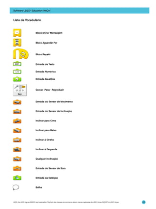 Software LEGO® Education WeDo™

Lista de Vocabulário

Bloco Enviar Mensagem

Bloco Aguardar Por

Bloco Repetir

Entrada de Texto
Entrada Numérica
Entrada Aleatória

Gravar Parar Reproduzir

Entrada do Sensor de Movimento

Entrada do Sensor de Inclinação

Inclinar para Cima

Inclinar para Baixo

Inclinar à Direita

Inclinar à Esquerda

Qualquer Inclinação

Entrada do Sensor de Som

Entrada da Exibição

Bolha

LEGO, the LEGO logo and WEDO are trademarks of the/sont des marques de commerce de/son marcas registradas de LEGO Group. ©2009 The LEGO Group.

20

 