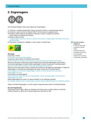 Introdução Rápida

2. Engrenagens

Na Introdução Rápida, clique para selecionar Engrenagens.
1)	 Construa o modelo apresentado. Clique nas setas à direita ou esquerda para girá-lo.
2)	Conecte o cabo do motor à Central LEGO®. Ele funciona em qualquer porta.
3)	 Arraste e solte os Blocos da Paleta na Tela para compor o programa proposto:
Iniciar, Motor em Sentido Anti-Horário.
4)	 Clique no Bloco Iniciar.
	 A engrenagem motora se move em sentido anti-horário. A engrenagem de saída move-se em
sentido horário.
5)	 Para parar o programa e desligar o motor, clique no botão Parar.

Discussão
O que faz o motor?
É acionado e move as engrenagens.
O que faz o Bloco Motor em Sentido Anti-Horário?
O Bloco Motor em sentido anti-horário faz o motor funcionar em sentido anti-horário.
Mova sua mão para mostrar para qual a direção que a primeira engrenagem está virando.
A primeira engrenagem é denominada engrenagem motora. Porque ela é chamada assim?
Ela se move primeiro e também aciona as engrenagens associadas.
Mova sua outra mão para mostrar a direção de movimento da segunda engrenagem. A segunda
engrenagem é chamada de engrenagem de saída. Porque ela é chamada assim?
Ele se engata com a primeira engrenagem e deve se mover sempre que a primeira
engrenagem se move.
O que fazem as engrenagens?
Eles transmitem movimento de uma engrenagem à outra: da engrenagem motora para a
engrenagem de saída.
Estas engrenagens se movem na mesma direção ou em direções opostas?
Em direções opostas entre si. Engrenagens que têm dentes engatados giram em direções opostas.

Se nada aconteceu,
verifique se…
O cabo do motor está
conectado à Central
LEGO?
A Central LEGO está
conectada à porta USB
do computador?
Os Blocos de Comando
na Tela estão conectados?

Clique no botão Engrenagem no canto superior esquerdo para voltar à Introdução Rápida.
Dica de Programação
Você pode mudar o Bloco Motor em Sentido Anti-Horário para um Bloco Motor em Sentido
Horário clicando no Bloco de Comando depois de colocá-lo na Tela.

LEGO, the LEGO logo and WEDO are trademarks of the/sont des marques de commerce de/son marcas registradas de LEGO Group. ©2009 The LEGO Group.

29

 