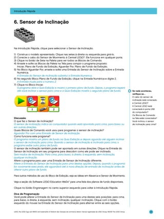 Introdução Rápida

6. Sensor de Inclinação

Na Introdução Rápida, clique para selecionar o Sensor de Inclinação.
1)	 Construa o modelo apresentado. Clique nas setas à direita ou esquerda para girá-lo.
2)	Conecte o cabo do Sensor de Movimento à Central LEGO®. Ele funciona em qualquer porta.
3)	 Clique no botão de Seta na Paleta para ver todos os Blocos de Comando.
4)	 Arraste e solte os Blocos da Paleta na Tela para compor o programa proposto:
Iniciar, Plano de Fundo da Exibição, Aguardar Por, Plano de Fundo da Exibição.
5)	 No Bloco Aguardar Por, arraste e solte uma Entrada do Sensor de Inclinação sobre a Entrada
Numérica.
	 A Entrada do Sensor de Inclinação substitui a Entrada Numérica.
6)	 No segundo Bloco Plano de Fundo da Exibição, clique na Entrada Numérica e digite 2.
	 A Entrada muda para o número 2.
7)	 Clique no Bloco Iniciar.
	 O programa abre a Guia Exibição e mostra o primeiro plano de fundo. Depois, o programa espera
até você inclinar o sensor para cima e a Guia Exibição mostra o segundo plano de fundo.

Discussão
O que faz o Sensor de inclinação?
O sensor de inclinação indica ao computador quando está apontado para cima, para baixo ou
em outras direções.
Quais Blocos de Comando você usou para programar o sensor de inclinação?
Aguardar Por com uma Entrada de Sensor de Inclinação.
Como funciona este programa?
O programa mostra um plano de fundo na Guia Exibição e depois aguarda até alguém inclinar
o sensor de inclinação para cima. Quando o sensor de inclinação é inclinado para cima, o
programa exibe outro plano de fundo.
O sensor de inclinação também pode ser apontado em outras direções. Clique na Entrada do
Sensor de Inclinação em seu programa para descobrir como ele pode ser inclinado.
Seis modos de inclinação: Para cima, para baixo, à direita, à esquerda, sem inclinação,
qualquer inclinação.
Altere o programa para usar uma Entrada de Sensor de Inclinação diferente.
Altere a Entrada do Sensor de Inclinação para uma destas opções. Depois, quando o programa
for novamente executado, ele aguardará até a nova direção de entrada de inclinação antes de
alterar outro plano de fundo.

Se nada aconteceu,
verifique se…
O cabo do sensor de
inclinação está conectado
à Central LEGO?
A Central LEGO está
conectada à porta USB
do computador?
Os Blocos de Comando
na Tela estão conectados?
Você inclinou o sensor
de inclinação para cima?

Para outros métodos de uso do Bloco de Exibição, veja as idéias em Alavanca e Sensor de Movimento.
Veja a seção do Software LEGO Education WeDo™ para uma lista dos planos de fundo disponíveis.
Clique no botão Engrenagem no canto superior esquerdo para voltar à Introdução Rápida.
Dica de Programação
Você pode alterar a Entrada do Sensor de Inclinação para uma destas seis posições: para cima,
para baixo, à direita, à esquerda, sem inclinação, qualquer inclinação. Clique com o botão
esquerdo do mouse na Entrada do Sensor de Inclinação para alternar entre as seis opções.

LEGO, the LEGO logo and WEDO are trademarks of the/sont des marques de commerce de/son marcas registradas de LEGO Group. ©2009 The LEGO Group.

33

 