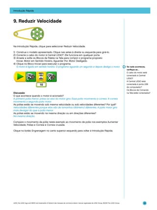 Introdução Rápida

9. Reduzir Velocidade

Na Introdução Rápida, clique para selecionar Reduzir Velocidade.
1)	 Construa o modelo apresentado. Clique nas setas à direita ou esquerda para girá-lo.
2)	Conecte o cabo do motor à Central LEGO®. Ele funciona em qualquer porta.
3)	 Arraste e solte os Blocos da Paleta na Tela para compor o programa proposto:
Iniciar, Motor em Sentido Horário, Aguardar Por, Motor Desligado.
4)	 Clique no Bloco Iniciar para executar o programa.
	 O motor é ligado em sentido horário. O programa aguarda um segundo e depois desliga o motor.

Discussão
O que acontece quando o motor é acionado?
A primeira polia menor, presa ao eixo do motor gira. Essa polia movimenta a correia. A correia
movimenta a segunda polia maior.
As polias estão se movendo sob mesma velocidade ou sob velocidades diferentes? Por quê?
Velocidades diferentes porque elas são de tamanhos (diâmetro) diferentes. A polia maior gira
mais devagar do que a polia menor.
As polias estão se movendo na mesma direção ou em direções diferentes?
Na mesma direção.

Se nada aconteceu,
verifique se…
O cabo do motor está
conectado à Central
LEGO?
A Central LEGO está
conectada à porta USB
do computador?
Os Blocos de Comando
na Tela estão conectados?

Compare o movimento da polia neste exemplo ao movimento de polia nos exemplos Aumentar
Velocidade, Polias e Correia e Correia cruzada.
Clique no botão Engrenagem no canto superior esquerdo para voltar à Introdução Rápida.

LEGO, the LEGO logo and WEDO are trademarks of the/sont des marques de commerce de/son marcas registradas de LEGO Group. ©2009 The LEGO Group.

36

 