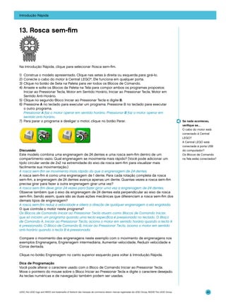 Introdução Rápida

13. Rosca sem-fim

Na Introdução Rápida, clique para selecionar Rosca sem-fim.
1)	 Construa o modelo apresentado. Clique nas setas à direita ou esquerda para girá-lo.
2)	Conecte o cabo do motor à Central LEGO®. Ele funciona em qualquer porta.
3)	 Clique no botão de Seta na Paleta para ver todos os Blocos de Comando.
4)	 Arraste e solte os Blocos da Paleta na Tela para compor ambos os programas propostos:
Iniciar ao Pressionar Tecla, Motor em Sentido Horário, Iniciar ao Pressionar Tecla, Motor em
Sentido Anti-Horário.
5)	 Clique no segundo Bloco Iniciar ao Pressionar Tecla e digite B.
6)	 Pressione A no teclado para executar um programa. Pressione B no teclado para executar
o outro programa.
	 Pressionar A faz o motor operar em sentido horário. Pressionar B faz o motor operar em
sentido anti-horário.
7)	 Para parar o programa e desligar o motor, clique no botão Parar.

Discussão
Este modelo combina uma engrenagem de 24 dentes e uma rosca sem-fim dentro de um
compartimento vazio. Qual engrenagem se movimenta mais rápido? (Você pode adicionar um
tijolo circular verde de 2x2 na extremidade do eixo da rosca sem-fim para visualizar mais
facilmente sua movimentação.)
A rosca sem-fim se movimenta mais rápido do que a engrenagem de 24 dentes.
A rosca sem-fim é como uma engrenagem de 1 dente. Para cada rotação completa da rosca
sem-fim, a engrenagem de 24 dentes avança apenas um dente. Quantas vezes a rosca sem-fim
precisa girar para fazer a outra engrenagem girar uma vez?
A rosca sem-fim deve girar 24 vezes para fazer girar uma vez a engrenagem de 24 dentes.
Observe também que o eixo da engrenagem de 24 dentes está perpendicular ao eixo da rosca
sem-fim. Sendo assim, quais são as duas ações mecânicas que diferenciam a rosca sem-fim dos
demais tipos de engrenagem?
A rosca sem-fim reduz a velocidade e altera a direção de qualquer engrenagem a ela engatada.
O que controla o motor neste programa?
Os Blocos de Comando Iniciar ao Pressionar Tecla atuam como Blocos de Comando Iniciar,
que só iniciam um programa quando uma tecla específica é pressionada no teclado. O Bloco
de Comando A, Iniciar ao Pressionar Tecla, aciona o motor em sentido horário quando a tecla A
é pressionada. O Bloco de Comando B, Iniciar ao Pressionar Tecla, aciona o motor em sentido
anti-horário quando a tecla B é pressionada.

Se nada aconteceu,
verifique se…
O cabo do motor está
conectado à Central
LEGO?
A Central LEGO está
conectada à porta USB
do computador?
Os Blocos de Comando
na Tela estão conectados?

Compare o movimento das engrenagens neste exemplo com o movimento de engrenagens nos
exemplos Engrenagens, Engrenagem intermediária, Aumentar velocidade, Reduzir velocidade e
Coroa dentada.
Clique no botão Engrenagem no canto superior esquerdo para voltar à Introdução Rápida.
Dica de Programação
Você pode alterar o caractere usado com o Bloco de Comando Iniciar ao Pressionar Tecla.
Mova o pointeiro do mouse sobre o Bloco Iniciar ao Pressionar Tecla e digite o caractere desejado.
As teclas numéricas e de navegação também podem ser usadas.

LEGO, the LEGO logo and WEDO are trademarks of the/sont des marques de commerce de/son marcas registradas de LEGO Group. ©2009 The LEGO Group.

40

 