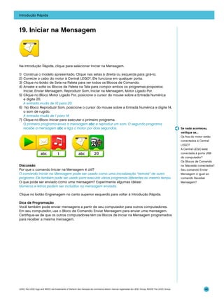 Introdução Rápida

19. Iniciar na Mensagem

Na Introdução Rápida, clique para selecionar Iniciar na Mensagem.
1)	 Construa o modelo apresentado. Clique nas setas à direita ou esquerda para girá-lo.
2)	Conecte o cabo do motor à Central LEGO®. Ele funciona em qualquer porta.
3)	 Clique no botão de Seta na Paleta para ver todos os Blocos de Comando.
4)	 Arraste e solte os Blocos da Paleta na Tela para compor ambos os programas propostos:
Iniciar, Enviar Mensagem, Reproduzir Som, Iniciar na Mensagem, Motor Ligado Por.
5)	 Clique no Bloco Motor Ligado Por, posicione o cursor do mouse sobre a Entrada Numérica
e digite 20.
	 A entrada muda de 10 para 20.
6)	 No Bloco Reproduzir Som, posicione o cursor do mouse sobre a Entrada Numérica e digite 14,
o som de rugido.
	 A entrada muda de 1 para 14.
7)	 Clique no Bloco Iniciar para executar o primeiro programa.
	 O primeiro programa envia a mensagem abc e reproduz um som. O segundo programa
recebe a mensagem abc e liga o motor por dois segundos.

Discussão
Por que o comando Iniciar na Mensagem é útil?
O comando Iniciar na Mensagem pode ser usado como uma inicialização “remota” de outro
programa. Ele também pode ser usado para executar vários programas diferentes ao mesmo tempo.
O que pode ser enviado como uma mensagem? Experimente algumas idéias!
Números e letras podem ser incluídos na mensagem enviada.

Se nada aconteceu,
verifique se…
Os fios do motor estão
conectados à Central
LEGO?
A Central LEGO está
conectada à porta USB
do computador?
Os Blocos de Comando
na Tela estão conectados?
Seu comando Enviar
Mensagem é igual ao
comando Receber
Mensagem?

Clique no botão Engrenagem no canto superior esquerdo para voltar à Introdução Rápida.
Dica de Programação
Você também pode enviar mensagens a partir de seu computador para outros computadores.
Em seu computador, use o Bloco de Comando Enviar Mensagem para enviar uma mensagem.
Certifique-se de que os outros computadores têm os Blocos de Iniciar na Mensagem programados
para receber a mesma mensagem.

LEGO, the LEGO logo and WEDO are trademarks of the/sont des marques de commerce de/son marcas registradas de LEGO Group. ©2009 The LEGO Group.

46

 