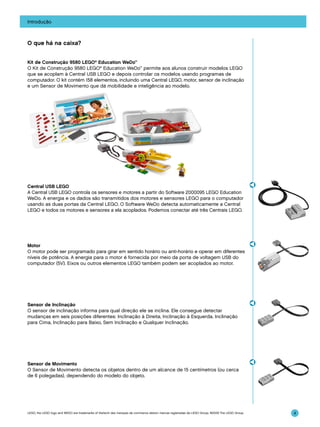Introdução

O que há na caixa?
Kit de Construção 9580 LEGO® Education WeDo™
O Kit de Construção 9580 LEGO® Education WeDo™ permite aos alunos construir modelos LEGO
que se acoplam à Central USB LEGO e depois controlar os modelos usando programas de
computador. O kit contém 158 elementos, incluindo uma Central LEGO, motor, sensor de inclinação
e um Sensor de Movimento que dá mobilidade e inteligência ao modelo.

Central USB LEGO
A Central USB LEGO controla os sensores e motores a partir do Software 2000095 LEGO Education
WeDo. A energia e os dados são transmitidos dos motores e sensores LEGO para o computador
usando as duas portas da Central LEGO. O Software WeDo detecta automaticamente a Central
LEGO e todos os motores e sensores a ela acoplados. Podemos conectar até três Centrais LEGO.

Motor
O motor pode ser programado para girar em sentido horário ou anti-horário e operar em diferentes
níveis de potência. A energia para o motor é fornecida por meio da porta de voltagem USB do
computador (5V). Eixos ou outros elementos LEGO também podem ser acoplados ao motor.

Sensor de Inclinação
O sensor de inclinação informa para qual direção ele se inclina. Ele consegue detectar
mudanças em seis posições diferentes: Inclinação à Direita, Inclinação à Esquerda, Inclinação
para Cima, Inclinação para Baixo, Sem Inclinação e Qualquer Inclinação.

Sensor de Movimento
O Sensor de Movimento detecta os objetos dentro de um alcance de 15 centímetros (ou cerca
de 6 polegadas), dependendo do modelo do objeto.

LEGO, the LEGO logo and WEDO are trademarks of the/sont des marques de commerce de/son marcas registradas de LEGO Group. ©2009 The LEGO Group.

4

 