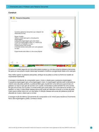 1. Orientações para o Professor para Pássaros Dançantes

Construir

Construa o modelo seguindo as instruções passo-a-passo ou crie seus próprios pássaros dançantes.
Se optar por sua própria criação, talvez seja necessário modificar a programação dada como exemplo.
Para melhor operar os pássaros dançantes, verifique se as polias e correia na frente do modelo se
movimentam livremente.
A energia é transferida do computador para o motor, e deste para a pequena engrenagem.
A pequena engrenagem gira uma engrenagem maior. A engrenagem grande está conectada ao
mesmo eixo da polia, portanto, a polia também gira. A polia tem uma estrutura que simula um
pássaro no topo e que gira de acordo com a polia. Conectada à polia também há uma correia.
Ela gira de acordo com a polia. A correia então gira outra polia, com outra estrutura similar a um
pássaro no topo. A velocidade dessas estruturas pode ser alterada trocando a correia da polia
maior para a polia menor em um dos lados. A direção dessas estruturas de pássaros pode ser
alterada ao cruzar e descruzar a correia.
A energia muda de elétrica (proveniente do computador e do motor) para mecânica (movimento
físico das engrenagens, polias, correias e eixos).

LEGO, the LEGO logo and WEDO are trademarks of the/sont des marques de commerce de/son marcas registradas de LEGO Group. ©2009 The LEGO Group.

55

 