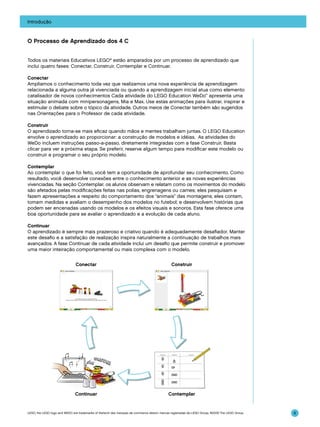 Introdução

O Processo de Aprendizado dos 4 C
Todos os materiais Educativos LEGO® estão amparados por um processo de aprendizado que
inclui quatro fases: Conectar, Construir, Contemplar e Continuar.
Conectar
Ampliamos o conhecimento toda vez que realizamos uma nova experiência de aprendizagem
relacionada a alguma outra já vivenciada ou quando a aprendizagem inicial atua como elemento
catalisador de novos conhecimentos Cada atividade do LEGO Education WeDo™ apresenta uma
situação animada com minipersonagens, Mia e Max. Use estas animações para ilustrar, inspirar e
estimular o debate sobre o tópico da atividade. Outros meios de Conectar também são sugeridos
nas Orientações para o Professor de cada atividade.
Construir
O aprendizado torna-se mais eficaz quando mãos e mentes trabalham juntas. O LEGO Education
envolve o aprendizado ao proporcionar: a construção de modelos e idéias. As atividades do
WeDo incluem instruções passo-a-passo, diretamente integradas com a fase Construir. Basta
clicar para ver a próxima etapa. Se preferir, reserve algum tempo para modificar este modelo ou
construir e programar o seu próprio modelo.
Contemplar
Ao contemplar o que foi feito, você tem a oportunidade de aprofundar seu conhecimento. Como
resultado, você desenvolve conexões entre o conhecimento anterior e as novas experiências
vivenciadas. Na seção Contemplar, os alunos observam e relatam como os movimentos do modelo
são afetados pelas modificações feitas nas polias, engrenagens ou cames; eles pesquisam e
fazem apresentações a respeito do comportamento dos “animais” das montagens; eles contam,
tomam medidas e avaliam o desempenho dos modelos no futebol; e desenvolvem histórias que
podem ser encenadas usando os modelos e os efeitos visuais e sonoros. Esta fase oferece uma
boa oportunidade para se avaliar o aprendizado e a evolução de cada aluno.
Continuar
O aprendizado é sempre mais prazeroso e criativo quando é adequadamente desafiador. Manter
este desafio e a satisfação de realização inspira naturalmente a continuação de trabalhos mais
avançados. A fase Continuar de cada atividade inclui um desafio que permite construir e promover
uma maior inteiração comportamental ou mais complexa com o modelo.
Conectar

Construir

(IO/X)LO)/X

Continuar

(IO/X)LO)/X

(IO/X)LO)/X

Contemplar

LEGO, the LEGO logo and WEDO are trademarks of the/sont des marques de commerce de/son marcas registradas de LEGO Group. ©2009 The LEGO Group.

6

 