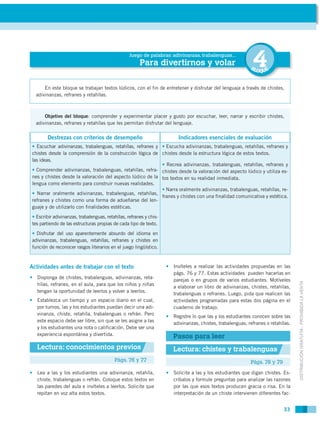 Juego de palabras: adivinanzas, trabalenguas...
                                                        Para divertirnos y volar                              4
                                                                                                             BL
                                                                                                                  OQUE


      En este bloque se trabajan textos lúdicos, con el fin de entretener y disfrutar del lenguaje a través de chistes,
  adivinanzas, refranes y retahílas.



      Objetivo del bloque: comprender y experimentar placer y gusto por escuchar, leer, narrar y escribir chistes,
  adivinanzas, refranes y retahílas que les permitan disfrutar del lenguaje.

        Destrezas con criterios de desempeño                              Indicadores esenciales de evaluación
 • Escuchar adivinanzas, trabalenguas, retahílas, refranes y • Escucha adivinanzas, trabalenguas, retahílas, refranes y
 chistes desde la comprensión de la construcción lógica de chistes desde la estructura lógica de estos textos.
 las ideas.
                                                             • Recrea adivinanzas, trabalenguas, retahílas, refranes y
 • Comprender adivinanzas, trabalenguas, retahílas, refra- chistes desde la valoración del aspecto lúdico y utiliza es-
 nes y chistes desde la valoración del aspecto lúdico de la tos textos en su realidad inmediata.
 lengua como elemento para construir nuevas realidades.
                                                             • Narra oralmente adivinanzas, trabalenguas, retahílas, re-
 • Narrar oralmente adivinanzas, trabalenguas, retahílas,
                                                             franes y chistes con una finalidad comunicativa y estética.
 refranes y chistes como una forma de adueñarse del len-
 guaje y de utilizarlo con finalidades estéticas.
 • Escribir adivinanzas, trabalenguas, retahílas, refranes y chis-
 tes partiendo de las estructuras propias de cada tipo de texto.
 • Disfrutar del uso aparentemente absurdo del idioma en
 adivinanzas, trabalenguas, retahílas, refranes y chistes en
 función de reconocer rasgos literarios en el juego lingüístico.


Actividades antes de trabajar con el texto                           • Invíteles a realizar las actividades propuestas en las
                                                                       págs. 76 y 77. Estas actividades pueden hacerlas en
• Disponga de chistes, trabalenguas, adivinanzas, reta-
                                                                       parejas o en grupos de varios estudiantes. Motíveles



                                                                                                                                   DISTRIBUCIÓN GRATUITA - PROHIBIDA LA VENTA
  hílas, refranes, en el aula, para que los niños y niñas
                                                                       a elaborar un libro de adivinanzas, chistes, retahílas,
  tengan la oportunidad de leerlos y volver a leerlos.
                                                                       trabalenguas o refranes. Luego, pida que realicen las
• Establezca un tiempo y un espacio diario en el cual,                 actividades programadas para estas dos página en el
  por turnos, las y los estudiantes puedan decir una adi-              cuaderno de trabajo.
  vinanza, chiste, retahíla, trabalenguas o refrán. Pero
                                                                     • Registre lo que las y los estudiantes conocen sobre las
  este espacio debe ser libre, sin que se les asigne a las
                                                                       adivinanzas, chistes, trabalenguas, refranes o retahílas.
  y los estudiantes una nota o calificación. Debe ser una
  experiencia espontánea y divertida.
                                                                        Pasos para leer
   Lectura: conocimientos previos                                       Lectura: chistes y trabalenguas
                                           Págs. 76 y 77                                                     Págs. 78 y 79

• Lea a las y los estudiantes una adivinanza, retahíla,              • Solicite a las y los estudiantes que digan chistes. Es-
  chiste, trabalenguas o refrán. Coloque estos textos en               críbalos y formule preguntas para analizar las razones
  las paredes del aula e invíteles a leerlos. Solicite que             por las que esos textos producen gracia o risa. En la
  repitan en voz alta estos textos.                                    interpretación de un chiste intervienen diferentes fac-


                                                                                                                             33
 