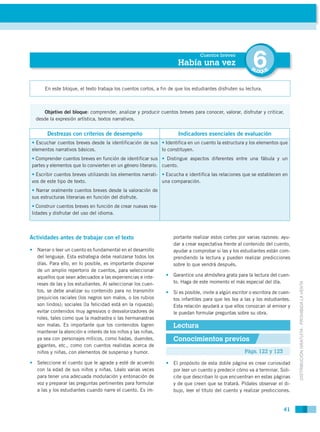 Cuentos breves
                                                                      Había una vez                       6
                                                                                                         BL
                                                                                                              OQUE


       En este bloque, el texto trabaja los cuentos cortos, a fin de que los estudiantes disfruten su lectura.



      Objetivo del bloque: comprender, analizar y producir cuentos breves para conocer, valorar, disfrutar y criticar,
  desde la expresión artística, textos narrativos.


        Destrezas con criterios de desempeño                          Indicadores esenciales de evaluación
• Escuchar cuentos breves desde la identificación de sus • Identifica en un cuento la estructura y los elementos que
elementos narrativos básicos.                            lo constituyen.
• Comprender cuentos breves en función de identificar sus • Distingue aspectos diferentes entre una fábula y un
partes y elementos que lo convierten en un género literario. cuento.
• Escribir cuentos breves utilizando los elementos narrati- • Escucha e identifica las relaciones que se establecen en
vos de este tipo de texto.                                  una comparación.
• Narrar oralmente cuentos breves desde la valoración de
sus estructuras literarias en función del disfrute.
• Construir cuentos breves en función de crear nuevas rea-
lidades y disfrutar del uso del idioma.



Actividades antes de trabajar con el texto                         portante realizar estos cortes por varias razones: ayu-
                                                                   dar a crear expectativa frente al contenido del cuento,
• Narrar o leer un cuento es fundamental en el desarrollo          ayudar a comprobar si las y los estudiantes están com-
  del lenguaje. Esta estrategia debe realizarse todos los          prendiendo la lectura y pueden realizar predicciones
  días. Para ello, en lo posible, es importante disponer           sobre lo que vendrá después.
  de un amplio repertorio de cuentos, para seleccionar
  aquellos que sean adecuados a las experiencias e inte-        • Garantice una atmósfera grata para la lectura del cuen-
                                                                  to. Haga de este momento el más especial del día.


                                                                                                                                DISTRIBUCIÓN GRATUITA - PROHIBIDA LA VENTA
  reses de las y los estudiantes. Al seleccionar los cuen-
  tos, se debe analizar su contenido para no transmitir         • Si es posible, invite a algún escritor o escritora de cuen-
  prejuicios raciales (los negros son malos, o los rubios         tos infantiles para que les lea a las y los estudiantes.
  son lindos); sociales (la felicidad está en la riqueza);        Esta relación ayudará a que ellos conozcan al emisor y
  evitar contenidos muy agresivos o desvalorizadores de           le puedan formular preguntas sobre su obra.
  roles, tales como que la madrastra o las hermanastras
  son malas. Es importante que los contenidos logren               Lectura
  mantener la atención e interés de los niños y las niñas,
  ya sea con personajes míticos, como hadas, duendes,              Conocimientos previos
  gigantes, etc., como con cuentos realistas acerca de
  niños y niñas, con elementos de suspenso y humor.                                                   Págs. 122 y 123

• Seleccione el cuento que le agrade y esté de acuerdo          • El propósito de esta doble página es crear curiosidad
  con la edad de sus niños y niñas. Léalo varias veces            por leer un cuento y predecir cómo va a terminar. Soli-
  para tener una adecuada modulación y entonación de              cite que describan lo que encuentran en estas páginas
  voz y preparar las preguntas pertinentes para formular          y de que creen que se tratará. Pídales observar el di-
  a las y los estudiantes cuando narre el cuento. Es im-          bujo, leer el título del cuento y realizar predicciones.


                                                                                                                         41
 