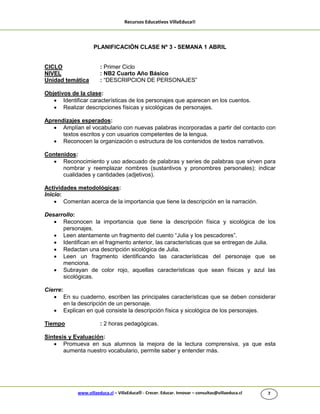 Recursos Educativos VillaEduca®
www.villaeduca.cl – VillaEduca® - Crecer. Educar. Innovar – consultas@villaeduca.cl 7
PLANIFICACIÓN CLASE Nº 3 - SEMANA 1 ABRIL
CICLO : Primer Ciclo
NIVEL : NB2 Cuarto Año Básico
Unidad temática : “DESCRIPCION DE PERSONAJES”
Objetivos de la clase:
 Identificar características de los personajes que aparecen en los cuentos.
 Realizar descripciones físicas y sicológicas de personajes.
Aprendizajes esperados:
 Amplían el vocabulario con nuevas palabras incorporadas a partir del contacto con
textos escritos y con usuarios competentes de la lengua.
 Reconocen la organización o estructura de los contenidos de textos narrativos.
Contenidos:
 Reconocimiento y uso adecuado de palabras y series de palabras que sirven para
nombrar y reemplazar nombres (sustantivos y pronombres personales); indicar
cualidades y cantidades (adjetivos).
Actividades metodológicas:
Inicio:
 Comentan acerca de la importancia que tiene la descripción en la narración.
Desarrollo:
 Reconocen la importancia que tiene la descripción física y sicológica de los
personajes.
 Leen atentamente un fragmento del cuento “Julia y los pescadores”.
 Identifican en el fragmento anterior, las características que se entregan de Julia.
 Redactan una descripción sicológica de Julia.
 Leen un fragmento identificando las características del personaje que se
menciona.
 Subrayan de color rojo, aquellas características que sean físicas y azul las
sicológicas.
Cierre:
 En su cuaderno, escriben las principales características que se deben considerar
en la descripción de un personaje.
 Explican en qué consiste la descripción física y sicológica de los personajes.
Tiempo : 2 horas pedagógicas.
Síntesis y Evaluación:
 Promueva en sus alumnos la mejora de la lectura comprensiva, ya que esta
aumenta nuestro vocabulario, permite saber y entender más.
 