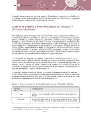 15 Aptitud para expresar de forma oral o escrita, pensamientos, sentimientos, de manera clara y concisa. Permite
expresarse y darse a entender de una manera ágil y continua.
TIPO DE
DIFICULTAD
Habla
Lenguaje
EXPLICACIÓN
Déficit en la producción del lenguaje oral: voz, articulación,
fluidez
Desarrollo atípico de la comprensión y el uso de los signos
y símbolos que se utilizan para expresarse y comunicarse.
LENGUAJE Y APRENDIZAJE
pág.24
Es posible sostener que una persona presenta dificultades o trastornos en el habla o en
el lenguaje cuando muestra alguna deficiencia sistemática que interfiere en su capacidad
de comunicación verbal con las personas de su entorno.
¿Cuál es la diferencia entre dificultades del lenguaje y
dificultades del habla?
Dificultades del habla: Como se señaló anteriormente, para la producción del habla se
requiere de ciertos mecanismos que incluyen varias partes del cuerpo (lengua, labios,
dientes, mandíbula), sistema respiratorio y fonatorio (cuerdas vocales, laringe, esófago,
diafragma) y de la coordinación del sistema nervioso. Cuando algunas de estas estructuras
se encuentran afectadas, el habla del interlocutor se percibe ininteligible, es decir, no se
puede comprender completamente lo que la persona quiere decir o expresar a través de
su lenguaje oral. Los trastornos de habla que se producen con mayor frecuencia afectan
la voz, la articulación y la fluidez15. Es lo que ocurre, por ejemplo, cuando un niño o niña
tartamudea en forma excesiva o presenta dificultades en su articulación (pronunciación)
que no permiten que se comprenda claramente lo que quiere decir.
Los trastornos del lenguaje, en cambio, se relacionan con la dificultad en el uso y
comprensión de los signos y símbolos del lenguaje. Es decir, es posible que algunos niños
y niñas produzcan sonidos que no son los adecuados para una determinada palabra, por
ejemplo, “griste” en vez de “triste”. También que, al escuchar sus enunciados, no se
comprenda el significado ya que gramaticalmente sus oraciones no concuerden con su
lenguaje, por ejemplo: “El niño viene donde no sé”.
Es probable también encontrar a algunos estudiantes que tienen un retraso de lenguaje,
es decir, niñas o niñas que presentan un desfase cronológico entre sus producciones orales
y la edad promedio esperable para ello. En otras palabras, niños o niñas que a una edad
determinada no logran expresarse de acuerdo a lo esperado.
Cuadro 5: Resumen explicativo de dificultades de lenguaje y dificultades de habla.
 
