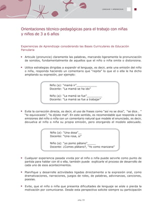 LENGUAJE Y APRENDIZAJE
Orientaciones técnico-pedagógicas para el trabajo con niñas
y niños de 3 a 6 años
Experiencias de Aprendizaje considerando las Bases Curriculares de Educación
Parvularia
Articule (pronuncie) claramente las palabras, marcando ligeramente la pronunciación
de sonidos, fundamentalmente de aquellos que el niño o niña omite o distorsiona.
Utilice estrategias dirigidas a expandir el lenguaje, es decir, ante una emisión del niño
o niña, responda haciendo un comentario que “repita” lo que el o ella le ha dicho
ampliando su expresión, por ejemplo:
Niño (a): “mamá ir”____________
Docente: “La mamá se ha ido”
Niño (a): “La mamá se fue”_________
Docente: “La mamá se fue a trabajar”
Evite la corrección directa, es decir, el uso de frases como “así no se dice”, “se dice… ”
“te equivocaste”, “lo dijiste mal”. En este sentido, es recomendable que responda a las
emisiones del niño o niña con un comentario natural que modele el enunciado, es decir,
devuelva al niño o niña su propia emisión, pero otorgando el modelo adecuado.
Niño (a): “Una dosa”__
Docente: “Una rosa, si”
Niño (a): “yo pomo pátano”_____
Docente: ¿Comes plátano?, “Yo como manzana”
Cualquier experiencia pasada vivida por el niño o niña puede servirle como punto de
partida para hablar con él o ella, también puede explicarle el proceso de desarrollo de
cada uno de esos acontecimientos.
Planifique y desarrolle actividades ligadas directamente a la expresión oral, como
dramatizaciones, narraciones, juegos de roles, de palabras, adivinanzas, canciones,
poesías.
Evite, que el niño o niña que presenta dificultades de lenguaje se aísle o pierda la
motivación por comunicarse. Desde esta perspectiva solicite siempre su participación
pág.39
 