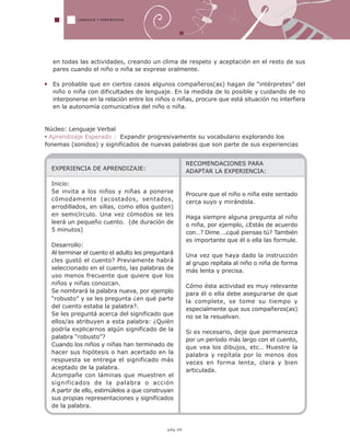 EXPERIENCIA DE APRENDIZAJE:
Inicio:
Se invita a los niños y niñas a ponerse
cómodamente (acostados, sentados,
arrodillados, en sillas, como ellos gusten)
en semicírculo. Una vez cómodos se les
leerá un pequeño cuento. (de duración de
5 minutos)
Desarrollo:
Al terminar el cuento el adulto les preguntará
¿les gustó el cuento? Previamente habrá
seleccionado en el cuento, las palabras de
uso menos frecuente que quiere que los
niños y niñas conozcan.
Se nombrará la palabra nueva, por ejemplo
“robusto” y se les pregunta ¿en qué parte
del cuento estaba la palabra?.
Se les preguntá acerca del significado que
ellos/as atribuyen a esta palabra: ¿Quién
podría explicarnos algún significado de la
palabra “robusto”?
Cuando los niños y niñas han terminado de
hacer sus hipótesis o han acertado en la
respuesta se entrega el significado más
aceptado de la palabra.
Acompañe con láminas que muestren el
significados de la palabra o acción
A partir de ello, estimúlelos a que construyan
sus propias representaciones y significados
de la palabra.
RECOMENDACIONES PARA
ADAPTAR LA EXPERIENCIA:
Procure que el niño o niña este sentado
cerca suyo y mirándola.
Haga siempre alguna pregunta al niño
o niña, por ejemplo, ¿Estás de acuerdo
con…? Dime….¿qué piensas tú? También
es importante que él o ella las formule.
Una vez que haya dado la instrucción
al grupo repítala al niño o niña de forma
más lenta y precisa.
Cómo ésta actividad es muy relevante
para él o ella debe asegurarse de que
la complete, se tome su tiempo y
especialmente que sus compañeros(as)
no se la resuelvan.
Si es necesario, deje que permanezca
por un período más largo con el cuento,
que vea los dibujos, etc.. Muestre la
palabra y repítala por lo menos dos
veces en forma lenta, clara y bien
articulada.
LENGUAJE Y APRENDIZAJE
pág.40
Núcleo: Lenguaje Verbal
Aprendizaje Esperado : Expandir progresivamente su vocabulario explorando los
fonemas (sonidos) y significados de nuevas palabras que son parte de sus experiencias
en todas las actividades, creando un clima de respeto y aceptación en el resto de sus
pares cuando el niño o niña se exprese oralmente.
Es probable que en ciertos casos algunos compañeros(as) hagan de “intérpretes” del
niño o niña con dificultades de lenguaje. En la medida de lo posible y cuidando de no
interponerse en la relación entre los niños o niñas, procure que está situación no interfiera
en la autonomía comunicativa del niño o niña.
 