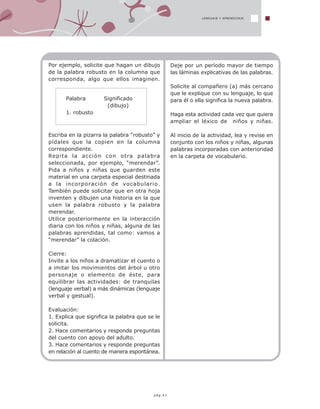 Por ejemplo, solicite que hagan un dibujo
de la palabra robusto en la columna que
corresponda, algo que ellos imaginen.
Escriba en la pizarra la palabra “robusto” y
pídales que la copien en la columna
correspondiente.
Repita la acción con otra palabra
seleccionada, por ejemplo, “merendar”.
Pida a niños y niñas que guarden este
material en una carpeta especial destinada
a la incorporación de vocabulario.
También puede solicitar que en otra hoja
inventen y dibujen una historia en la que
usen la palabra robusto y la palabra
merendar.
Utilice posteriormente en la interacción
diaria con los niños y niñas, alguna de las
palabras aprendidas, tal como: vamos a
“merendar” la colación.
Cierre:
Invite a los niños a dramatizar el cuento o
a imitar los movimientos del árbol u otro
personaje o elemento de éste, para
equilibrar las actividades: de tranquilas
(lenguaje verbal) a más dinámicas (lenguaje
verbal y gestual).
Evaluación:
1. Explica que significa la palabra que se le
solicita.
2. Hace comentarios y responde preguntas
del cuento con apoyo del adulto.
3. Hace comentarios y responde preguntas
en relación al cuento de manera espontánea.
Deje por un período mayor de tiempo
las láminas explicativas de las palabras.
Solicite al compañero (a) más cercano
que le explique con su lenguaje, lo que
para él o ella significa la nueva palabra.
Haga esta actividad cada vez que quiera
ampliar el léxico de niños y niñas.
Al inicio de la actividad, lea y revise en
conjunto con los niños y niñas, algunas
palabras incorporadas con anterioridad
en la carpeta de vocabulario.
LENGUAJE Y APRENDIZAJE
Palabra Significado
(dibujo)
1. robusto
pág.41
 