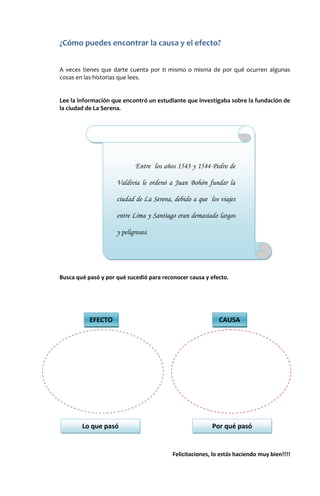 ¿Cómo puedes encontrar la causa y el efecto?


A veces tienes que darte cuenta por ti mismo o misma de por qué ocurren algunas
cosas en las historias que lees.


Lee la información que encontró un estudiante que investigaba sobre la fundación de
la ciudad de La Serena.




                            Entre los años 1543 y 1544 Pedro de

                     Valdivia le ordenó a Juan Bohón fundar la

                     ciudad de La Serena, debido a que los viajes

                     entre Lima y Santiago eran demasiado largos

                     y peligrosos.




Busca qué pasó y por qué sucedió para reconocer causa y efecto.




           EFECTO                                           CAUSA




        Lo que pasó                                      Por qué pasó


                                          Felicitaciones, lo estás haciendo muy bien!!!!
 